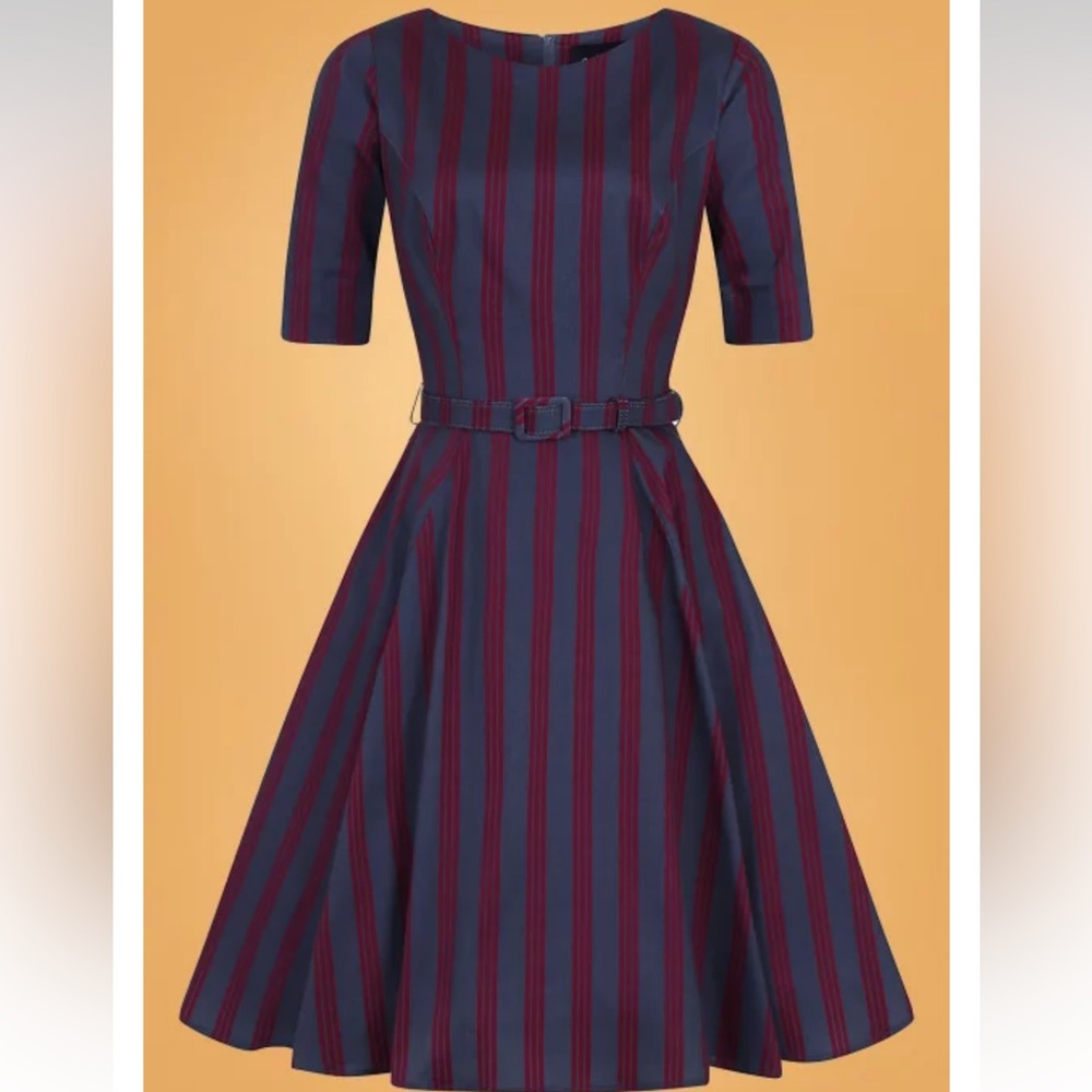 Collectif London Women's Striped Navy and Red Vintage Swing Dress